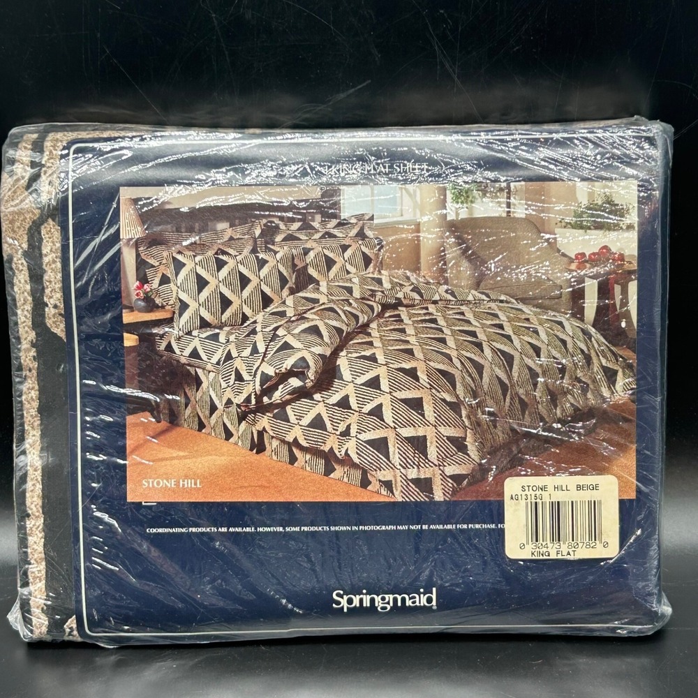 Vtg Springmaid Stone Hill King Flat Sheet Black Gold Triangle Geometric USA New